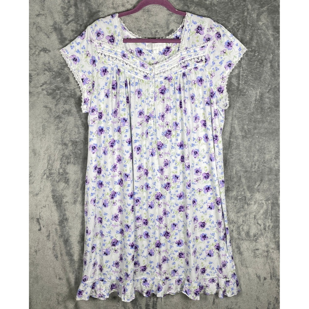 Eileen West Nightgown Womens 2X White Purple Floral Lace Trim Very Good Cond
